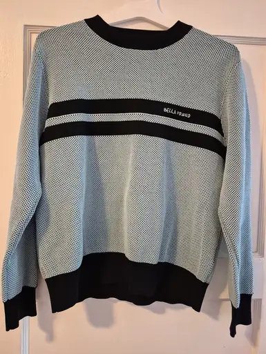 Bella Freud Light Blue & Black Mesh Knit Crewneck Stripe Sweater