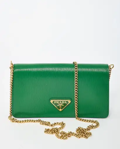 Prada Green Saffiano Leather Triangle Logo WOC Wallet on Chain Crossbody Bag