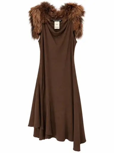 Plein Sud Vintage Brown Fur Trim Asymmetrical Midi Dress Size 40