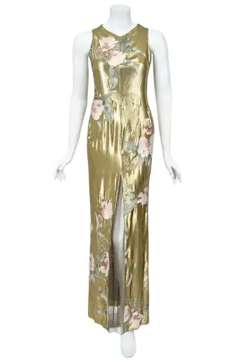 1997 Valentino Runway Metallic Gold Beaded Embroidered Floral Lamé Silk High Slit Column Gown