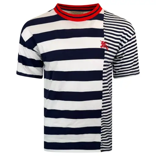 BURBERRY NAVY / WHITE STRIPED LOGO T SHIRT - MEDIUM