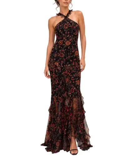 2000s JOHN GALLIANO CHRISTIAN DIOR Black Floral Silk Chiffon Gown With Gold Lurex