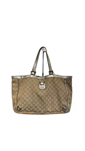 Gucci Vintage GG Canvas D Ring Tote Bag Beige Metallic Silver Leather Shoulder Bag Silver Tone Hardware