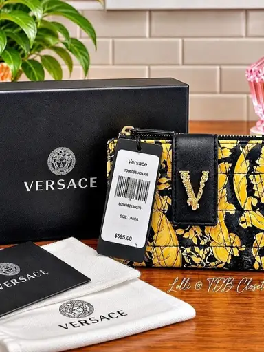 Versace Virtus Floral Wallet Yellow & Black NWT