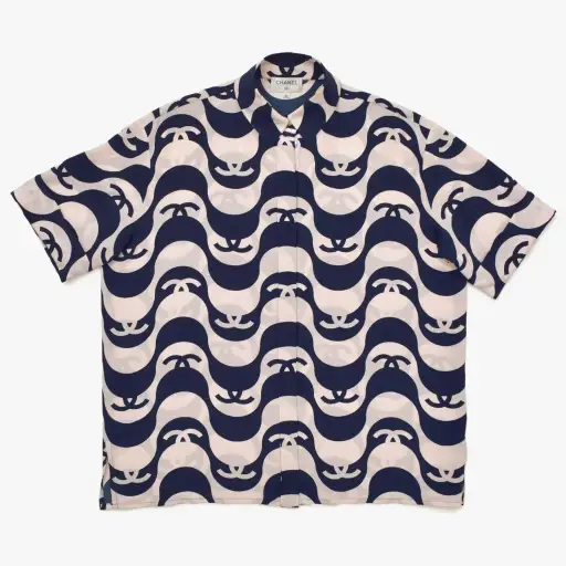 極美品 CHANEL シャネル 半袖シャツ サイズ40 ココマーク ボーダー ウェーブ ネイビー パステルピンク メンズ 総柄 中古 4a008667