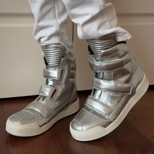 Balmain High-Top Metallic Silver Leather Strap Sneakers