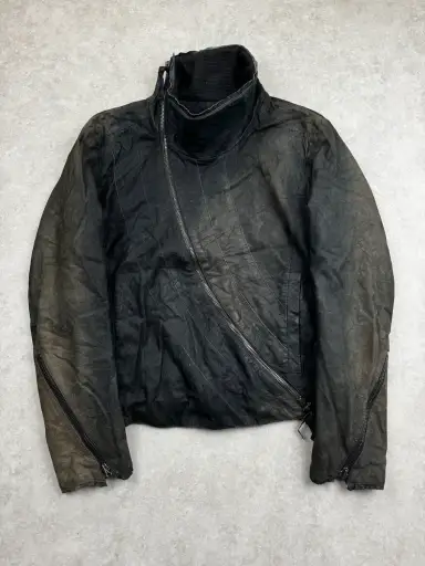 AW2011 Emporio Armani Black Faded Avant-Garde Tornado Zip Leather Jacket