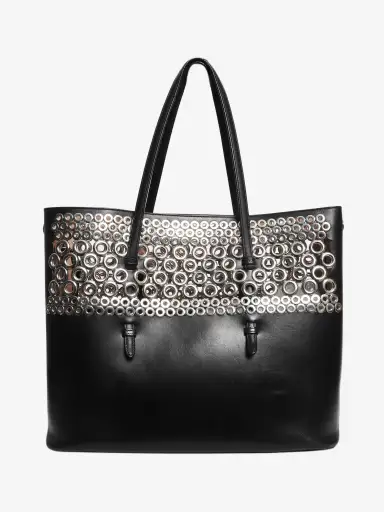 Black leather grommet tote bag