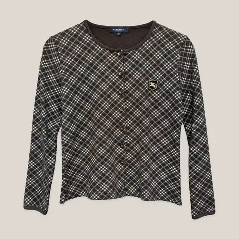 BURBERRY LONDON DARK BROWN WHITE CHECK LONG SLEEVE CARDIGAN M