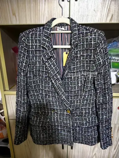 Thom Browne Multi Wool Silk Striped Plaid Fitted Blazer Size