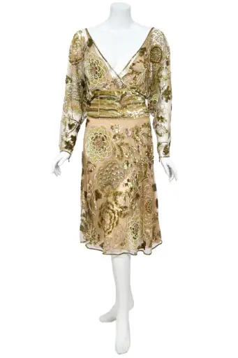 2003 Valentino Runway Heavily Embellished Jeweled Low Cut Nude-Illusion Sheer Net Dress