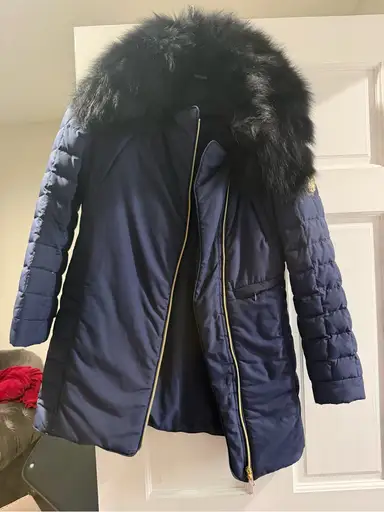 Just Cavalli Navy Puffer Coat with Black Faux-Fur Collar
