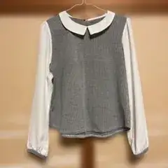 千鳥格子柄 丸襟 長袖ブラウス