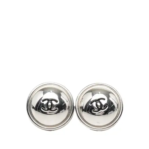 Silver Chanel CC Silver Plated Button Push Back Earrings