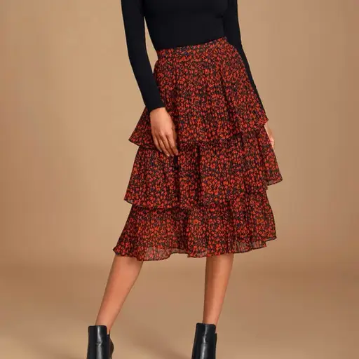 NWT Lulus Duarte black & red floral pleated midi dress