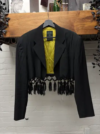 Vintage Jean Paul Gaultier Homme Runway ‘Braided Tassel’ Cropped Black Blazer with Gold Liner