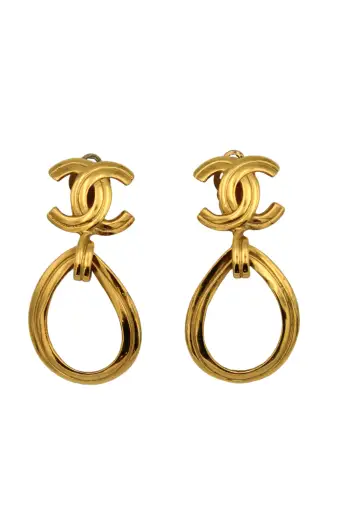 Chanel <br> 96P gold plated CC logo teardrop earrings