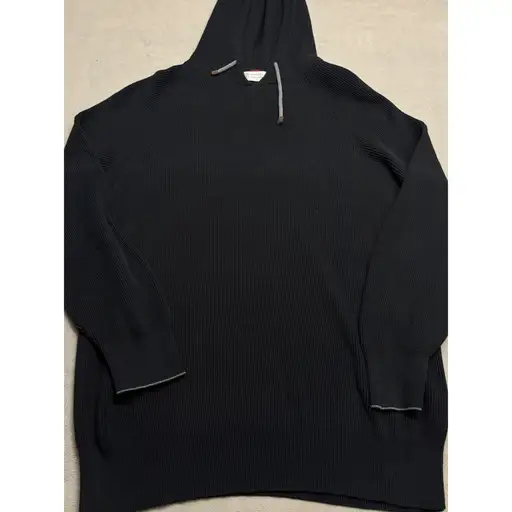Brunello Cucinelli Mens Black 100% Cotton Ribbed Knit Hoodie Size 54 Italy