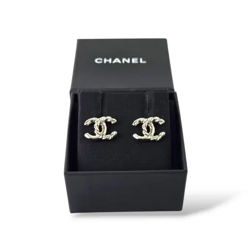 Silver-Tone Twisted CC Logo Stud Earrings with Box