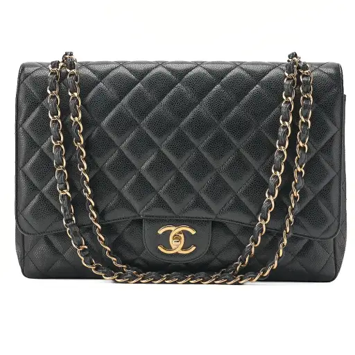 CHANEL Caviar Skin Deka Matelasse 33cm Double Flap Chain Shoulder Bag Black Gold-Tone Hardware, Pre-Owned