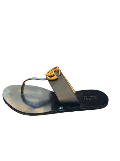 GUCCI MARAMONT W/GG LOGO THONG SANDALS BLACK LEATHER FLIP FLOP FLATS SLIDES 37