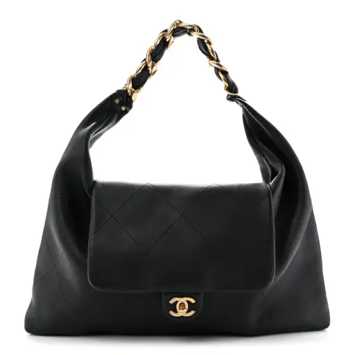 Shiny Calfskin Quilted Maxi Chain Hobo Black