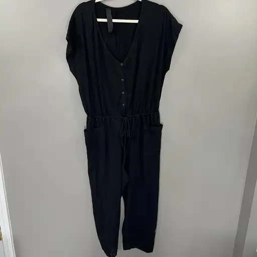 Norma Kamali XL Black Jersey Knit Cropped Jumpsuit button front drawstring waist