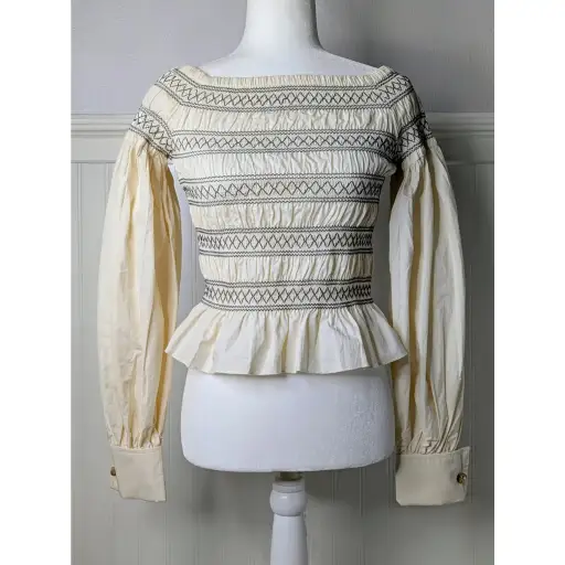 Max Mara Top Walk 4 Cream Black Embroidered Off Shoulder Smocking Tags EUC