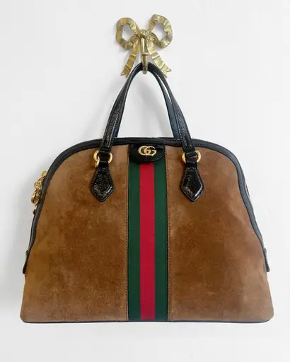 Gucci Medium Ophedia Dome Web bag in brown suede & black patent leather