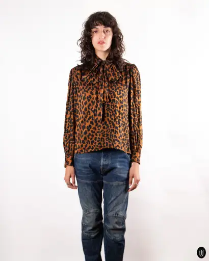 80's Yves Saint Laurent "Rive Gauche" Leopard Print Pussy Bow Blouse S