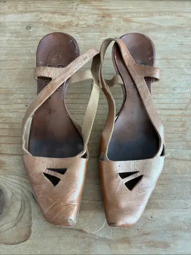 Women's Tan Leather Slingback Flats with Cutout Detail