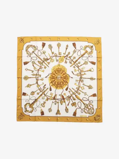 White and gold Carré 90 Les Cles Keys silk scarf