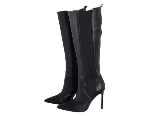 Black Leather Knee-High Stiletto Boots
