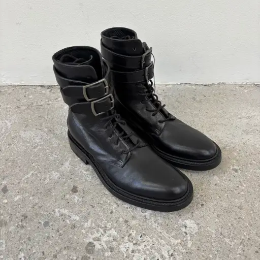FW20 Saint Laurent Army 20 Black Leather Buckled Military Combat Boots