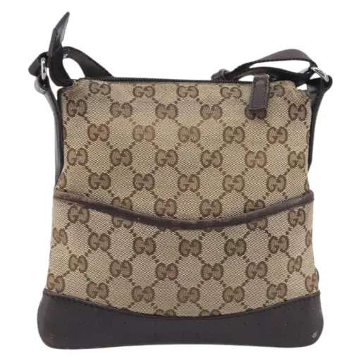 Gucci Zip Messenger Gg Canvas With Perforated Leather Beige Canvas Handbag (Pre-Owned)