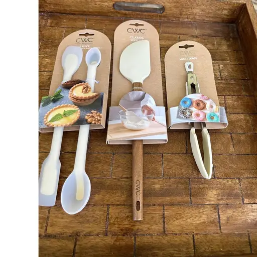 CWC Cook With Color Silicone Kitchen Utensil Set Spatula Mini Tongs Cream 4pcNWT

All great items all new tags

CWC Cook With Color silicone kitchen utensil set includes a classic spatula with a wood handle, a pair of locking mini tongs, and a 2-piece measure and scrape spatula set. These cream-colored tools are crafted from food-grade silicone, making them safe for use on non-stick cookware and heat resistant up to 400°F. The double-ended scrapers feature integrated teaspoon and tablespoon measurements, while the mini tongs include a convenient pull-to-lock mechanism for compact storage. Perfect for baking, mixing, and serving, this coordinated set combines functionality with a clean, modern aesthetic.All great items on new tags

#Minimalist #Handmade