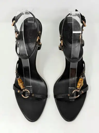 Gucci Tom Ford 2002 Black Leather Bamboo Horsebit Sandals Heels 9B