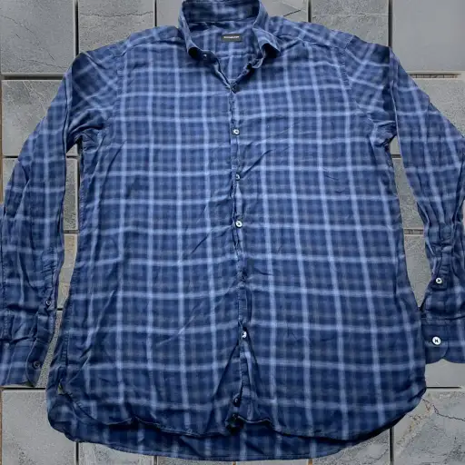 Ermenegildo Zegna Shirt Button Down Long Sleeve Plaid Check Cotton Blue L Mens