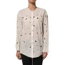 ELENA DAWSON Top Cream Printed Long Sleeves Button Down Blouse IT40/US6/S 730usd