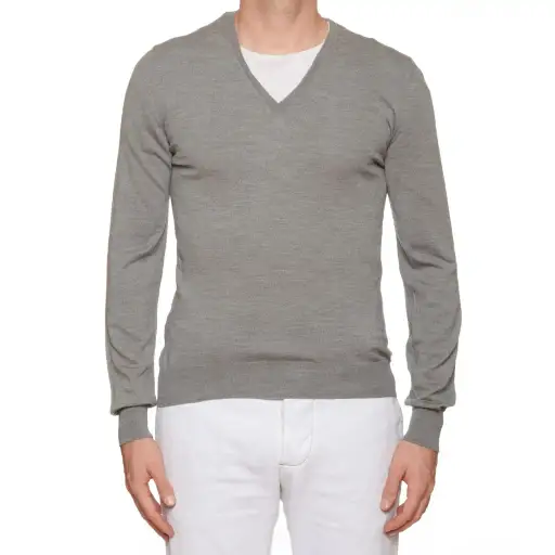 YVES SAINT LAURENT Gray Cotton V-Neck Sweater EU 50 US M