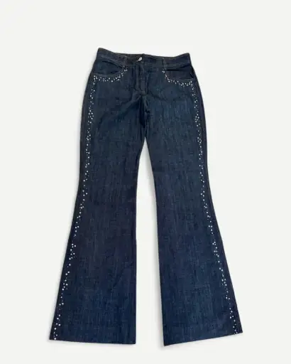 SS01 by Stella McCartney Rainbow Zipper Crystal Embellished Flared Raw Denim