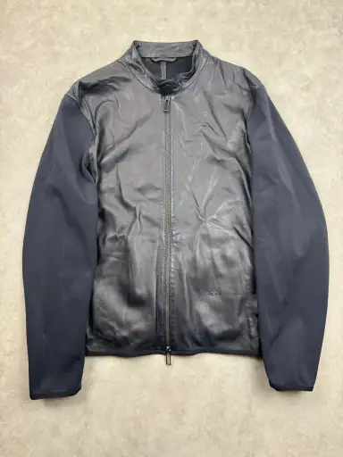 AW2023 Emporio Armani Dark Navy Leather Contrast Tech-Sleeve Leather Jacket