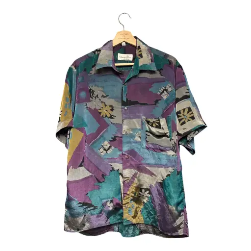 VINTAGE CHRISTIAN DIOR ABSTRACT GRAPHIC SHORT SLEEVE SILK SHIRT