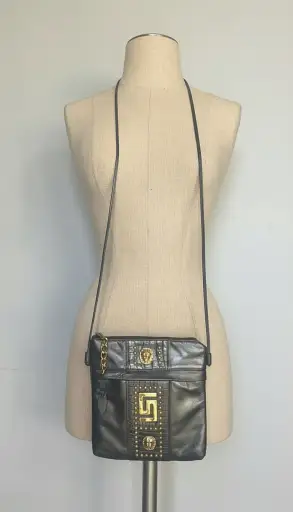 Vintage 90s versace inspo tiger studded electric grey leather cross body purse