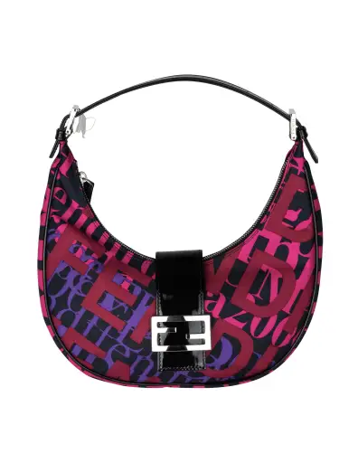 Fendi Vintage Colorful Graphic Typography Nylon and Patent Croissant Shoulder Bag