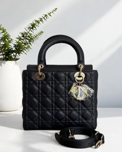 Dior Lady Medium - Flap Open Cannage Lambskin Black Gold Hardware