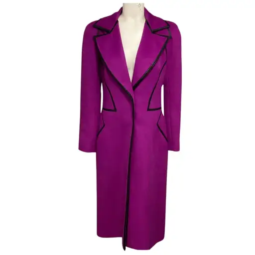 Thierry Mugler Couture Vintage Magenta Angora Rabbit Hair Coat with Black Lamb Leather Trim