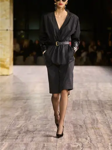 Saint Laurent Summer 24 Gabardine Wrap Dress w/ Shoulder Pads Size 38 SAMPLE