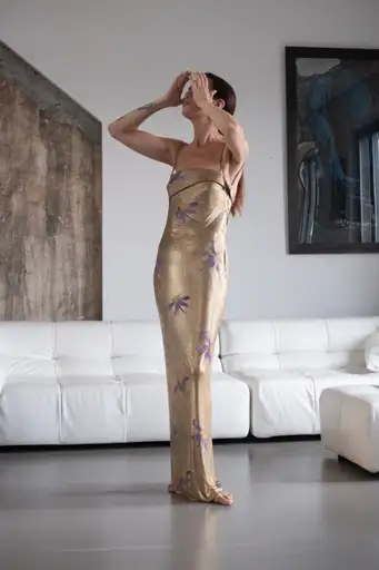 1999 Gianni Versace Orchid Gold Chain Metal Gown Sz 40