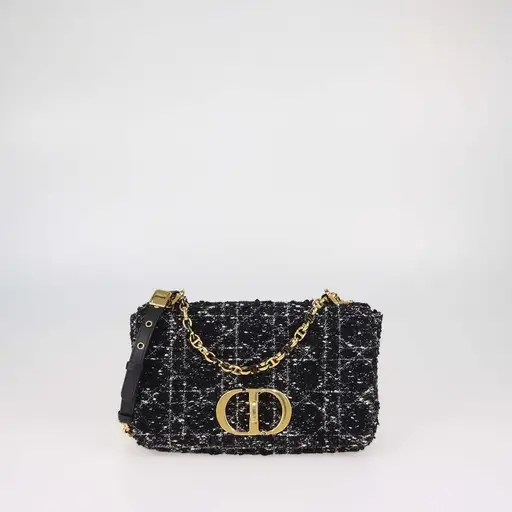Christian Dior Black,White Macrocannage Tweed Medium Caro Shoulder Bag